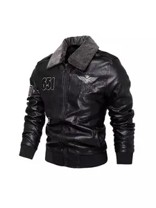 Klassische schwarze Herren-PU-Lederjacke mit grauem Kunstpelzkragen und Adler-Stickerei