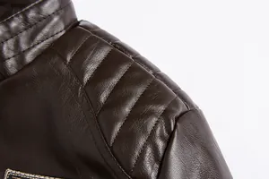 Close-up view showing the ribbed shoulder detail of a premium brown PU leather jacket for men