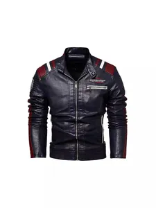 Men PU Leather Jacket Motorcycle Style Fleece Lined Warm Color Block Splicing Stand-up Collar Bomber Jacket For Winter Top