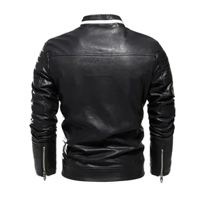 Back view of a black motorcycle leather jacket with striped collar and zipper cuffs.