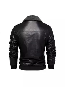 Schwarze Winterjacke aus PU-Leder für Herren mit warmem Kunstfellkragen, Rückansicht