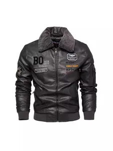 Men's dark grey PU leather biker jacket with a fur collar and stylish art patches.
