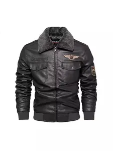 Men's winter PU leather motorcycle jacket with faux fur collar and embroidered patches