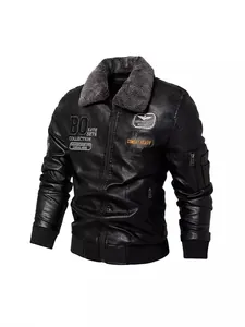 Men's black PU leather jacket with grey faux fur collar and vintage pilot patches