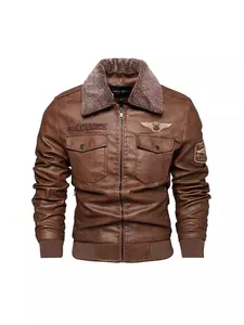 Men's brown winter PU leather jacket with warm fleece collar and slim fit design