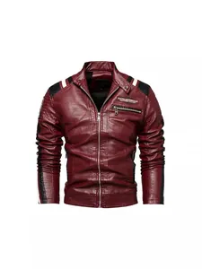 Men's burgundy PU leather motorcycle jacket with fleece lining and color block design