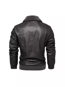 Men's PU leather motorcycle jacket with warm fleece collar, back view, black color.