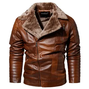 Braune PU-Lederjacke mit Plüschkragen aus Kunstpelz und Reißverschluss-Details