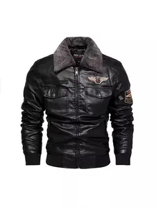 Men Vintage PU Leather Jacket Fleece Lined Warm Winter Motorcycle Coat Embroidered Badge Pilot Bomber Outwear For Men