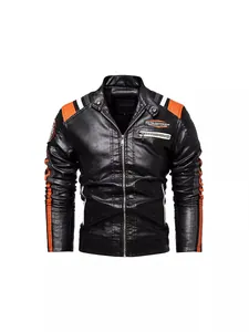 Men's stylish black PU leather motorcycle jacket featuring orange stripes and chest patch