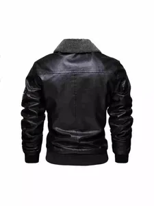 Premium men's black faux leather jacket featuring a stylish grey faux fur collar back view