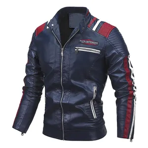 Veste de moto en cuir PU bleu pour homme avec rayures rouges et blanches et col montant