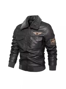 Men's black PU leather biker jacket with grey fleece collar and embroidered patches