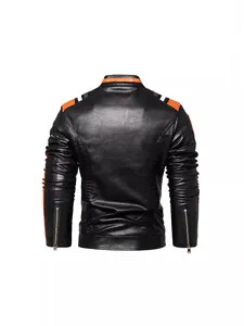 Men's black PU leather motorcycle jacket with orange contrast panels and back zip details.