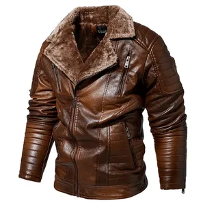 Close-up of a men's brown PU leather jacket with thick faux fur collar and lining