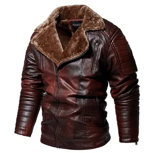 Detail view of a men's vintage brown PU leather jacket with a warm fur collar and lining