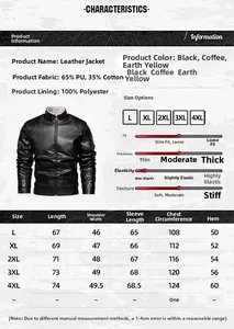 Detailed size guide and material specs for men's fashion slim-fit faux leather jacket