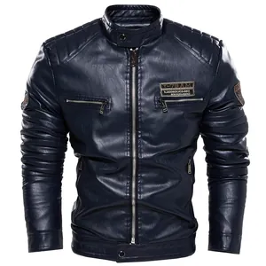 Slim fit navy blue men's PU leather biker jacket with stand collar and zipper pockets