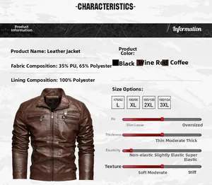 Detail view of men's leather jacket with material specs and sizing information chart