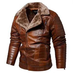 Detailed view of brown PU leather jacket with warm faux fur collar and quilted sleeves