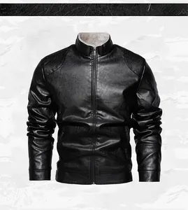 Front view of men's slim fit black motorcycle leather jacket with fleece lining
