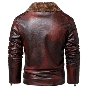 Back view of a men's vintage brown PU leather jacket with faux fur collar and ribbed sleeves.