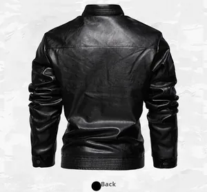 Detailed back view of a men's slim fit black faux leather motorcycle jacket for autumn