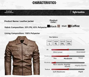 Detailed attributes of men's lapel faux leather jacket including material and fit info