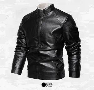 Side view of slim fit black leather motorcycle jacket with stand collar and lining.