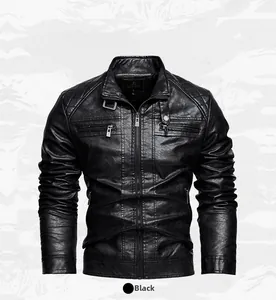 Detail view of men's black leather biker jacket with collar buckle and zipper accents