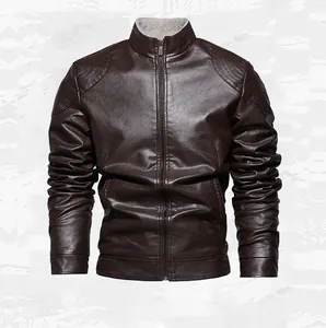 Front view of a dark brown men's slim fit motorcycle leather jacket with stand collar