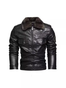 Men's Fashion PU Leather Biker Jacket With Fur Collar Slim Fit Distressed Embroidered Moto Outerwear Coat For Winter Warmth