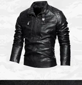 Detailed macro view showing the texture and zippers of men's black faux leather motorcycle jacket