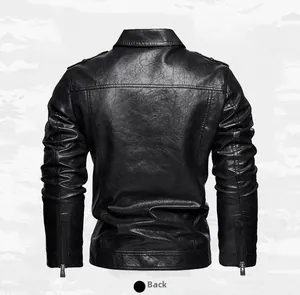 Back view detail of a black men's faux leather biker jacket with adjustable zip cuffs.
