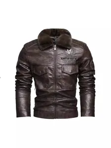 Vintage dark brown men's slim fit motorcycle leather jacket with warm faux fur collar detail