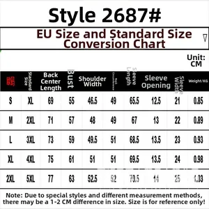 Size guide for men's PU leather motorcycle jacket with EU and standard size chart