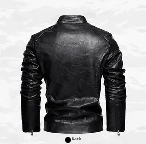 Detailed back view of a stylish black men's biker leather jacket with textured finish.