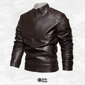 Side view of men's dark brown slim-fit faux leather motorcycle jacket with stand collar