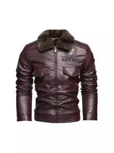 Modern slim fit men's burgundy faux leather motorcycle jacket with a warm brown fur collar