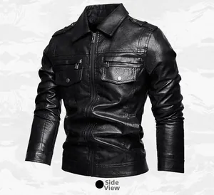 Detailed side view of black faux leather motorcycle jacket with turn-down collar