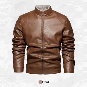 Front view of a men's brown slim-fit motorcycle leather jacket with fleece collar