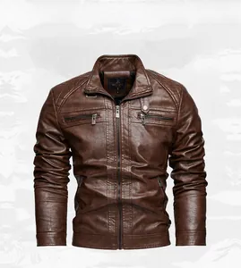 Detail of a brown men's motorcycle leather jacket with multiple zipper pockets