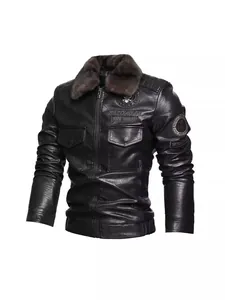 Men's motorcycle faux leather jacket with brown fur collar and embroidered patches