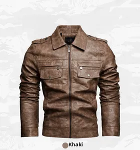 Khaki men's slim fit motorcycle faux leather jacket with lapel collar and chest pockets