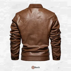 Detail shot showing the back of a brown slim-fit men's faux leather biker jacket