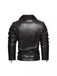Men's black faux leather motorcycle jacket featuring a warm fur collar, slim fit back view.