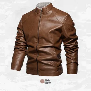 Detailed side view showing the texture of a premium men's brown leather motorcycle jacket