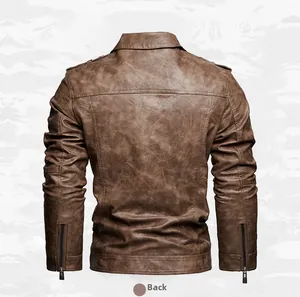 Detailed back view of a men's vintage brown distressed faux leather motorcycle jacket