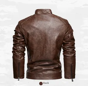 Back view of a men's vintage brown faux leather motorcycle jacket with zipper cuffs.