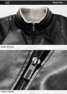 Close-up detail of a men's faux leather jacket showing the zipper and faux fur collar.